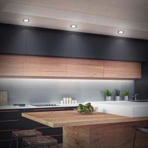 3er Set Briloner LED Einbaustrahler, neutralweißes Licht, flaches Design in Schwarz, eingebaut in einer modernen Küche.