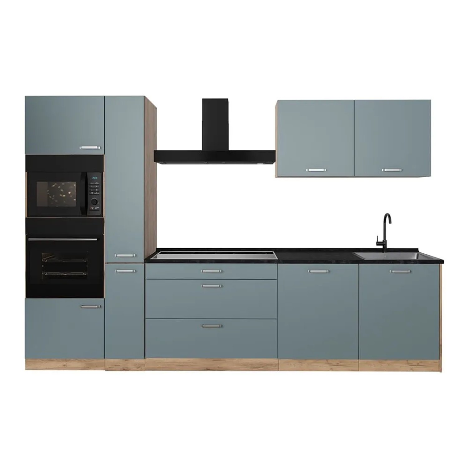 Vicco Küchenzeile R-Line Blau-Grau/Goldkraft Eiche 310 x 207 ohne Arbeitsplatte Art Nr 67216