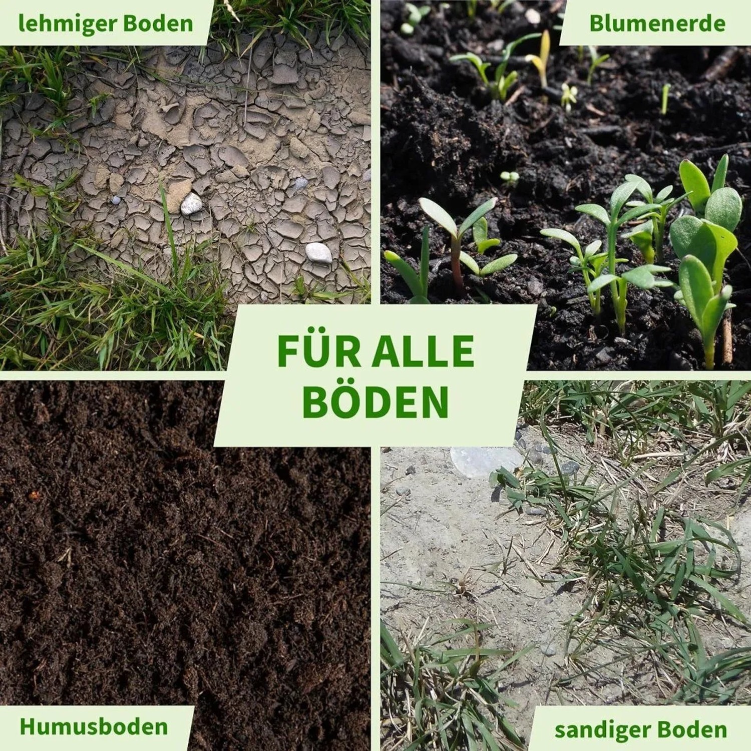 Vier Bodenarten (Lehm, Blumenerde, Humus, Sand) zeigen: Erdanker sind für alle Böden im Garten & Camping geeignet.