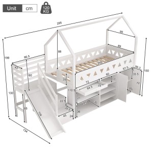Weißes Merax Kinderbett 90x200 cm mit Rutsche, Treppe, Schubladen und Stauraum. Massivholz-Spielbett für Kinder.