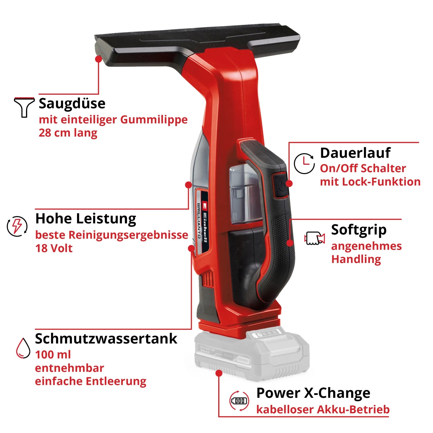 Einhell Akku-Fensterreiniger Brillianto: Rot, mit Saugdüse und Akku. Ideal für streifenfreie Fenster.