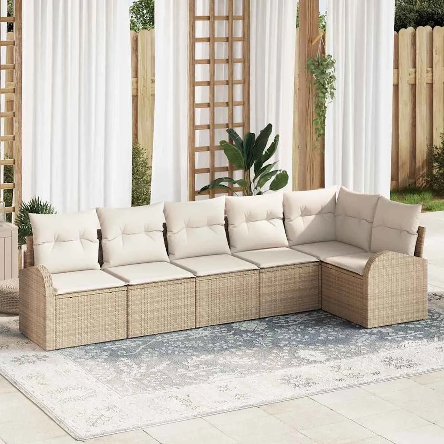 Beiges 6-tlg. vidaXL Garten-Sofa-Set aus Poly Rattan mit Kissen für Terrasse und Garten.