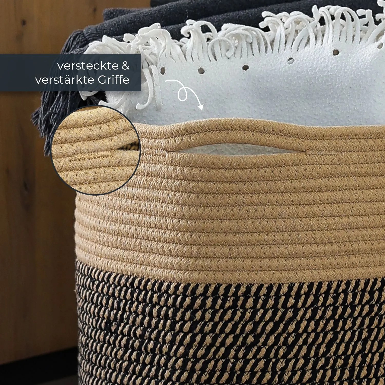 HMF 39015-31CM-81 Aufbewahrungskorb Versteckten Griffen Runder Korb Kallax 31 x 31 cm Schwarz-Honig_4