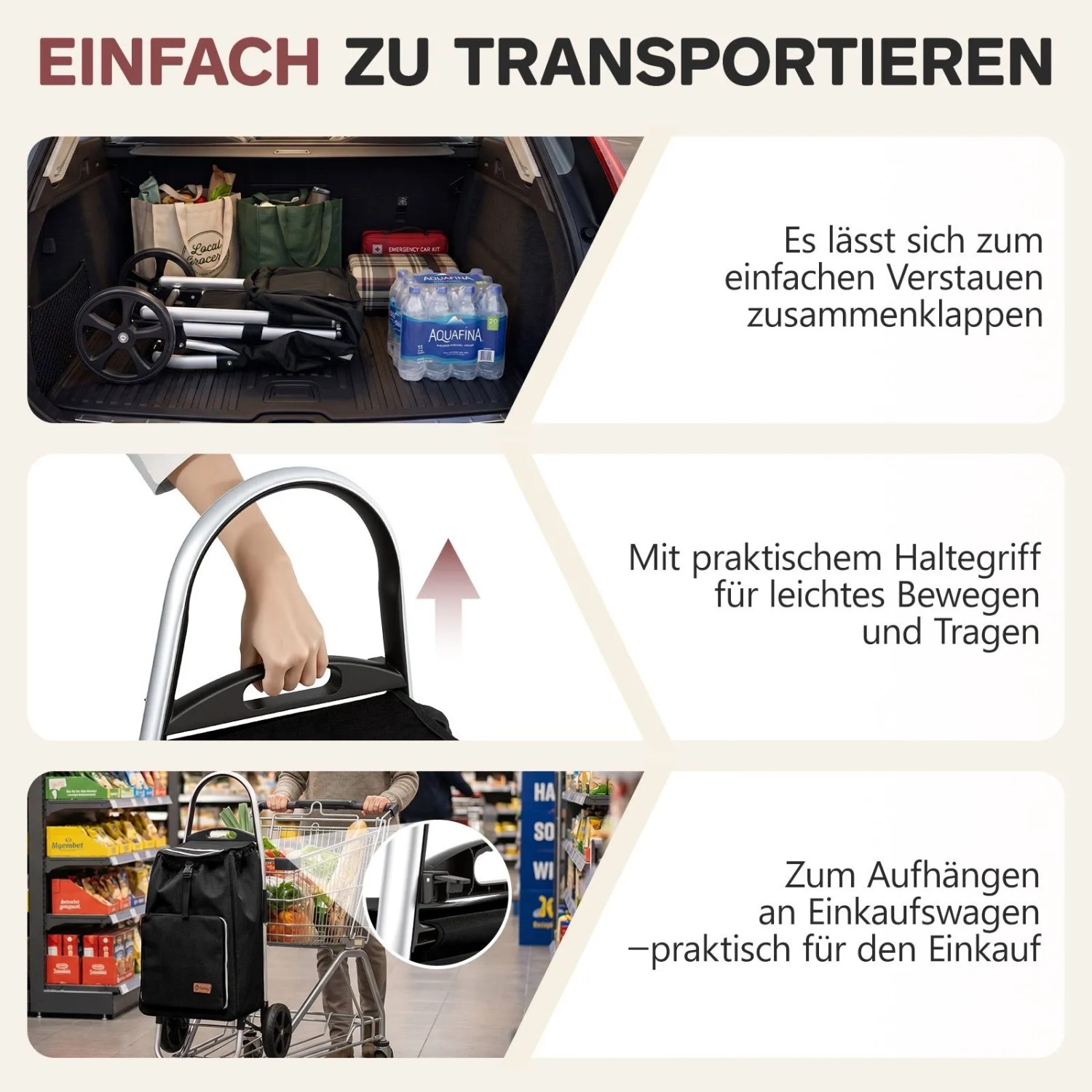 Sekey Einkaufstrolley mit Kühlfach, zusammengeklappt im Kofferraum, mit Haltegriff und am Einkaufswagen hängend.