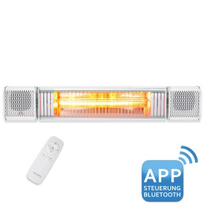 Weißer VASNER Appino BEATZZ Bluetooth Infrarot-Heizstrahler mit Musik und Fernbedienung.