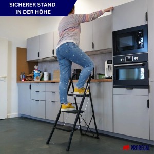 PROREGAL Klapptrittleiter mit 3 Stufen, Stahl, mattschwarz, für sicheren Stand im Haushalt.