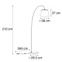 Skizze einer grauen Bogenlampe Bend von QAZQA mit Maßen, passend zu modernen Innenleuchten.