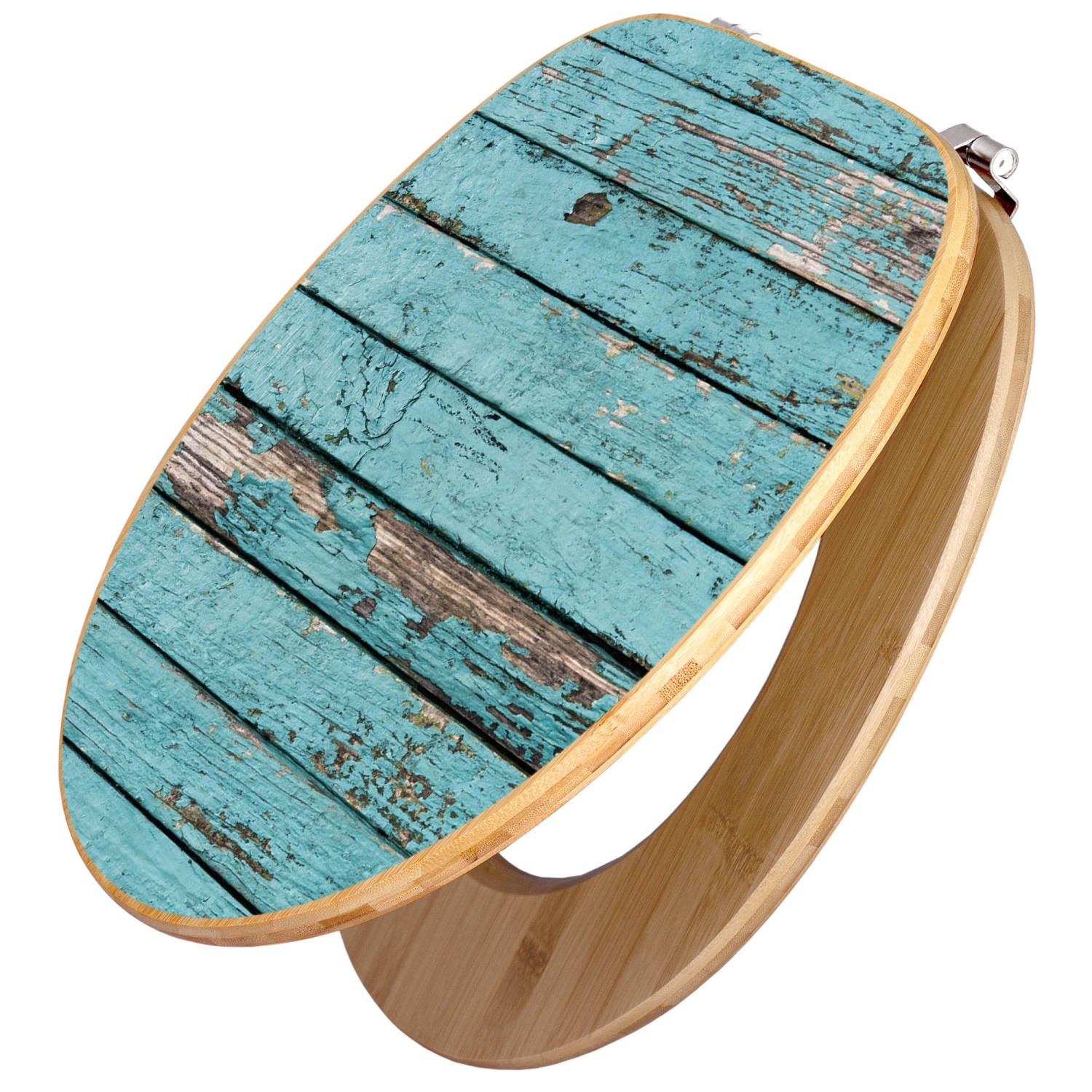 Banjado WC-Sitz aus Bambus mit Motiv Blaue Holzlatten und Universal Scharnieren.