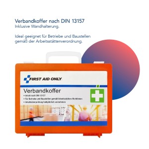 Oranger Erste Hilfe Koffer DIN 13157 Kompakt mit Wandhalterung für Betriebe und Baustellen.