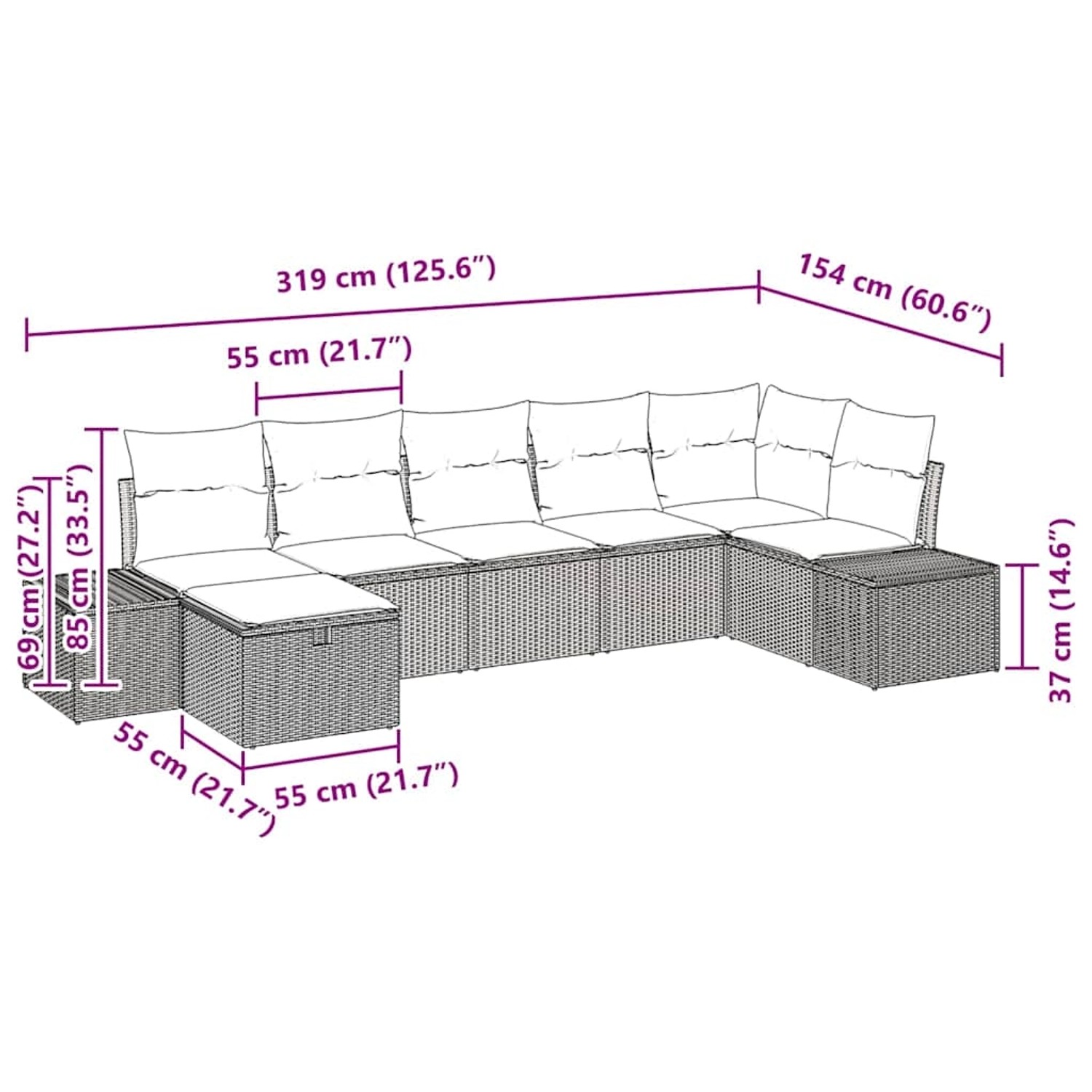 vidaXL Garten-Sofa-Set 7-tlg. hellgrau Poly Rattan mit Maßangaben.