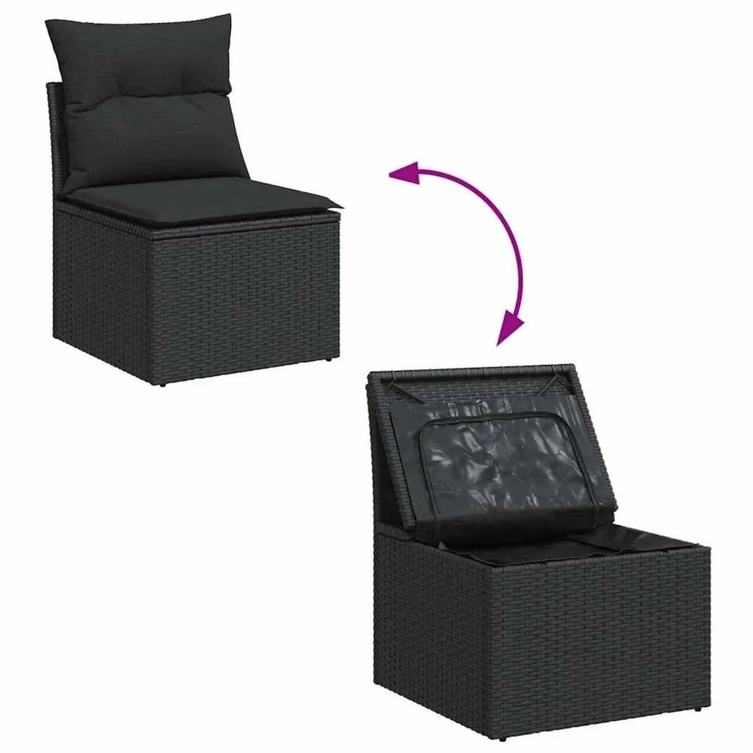 Schwarze vidaXL Garten-Sofagarnitur mit Staufach und Kissen aus Polyrattan.