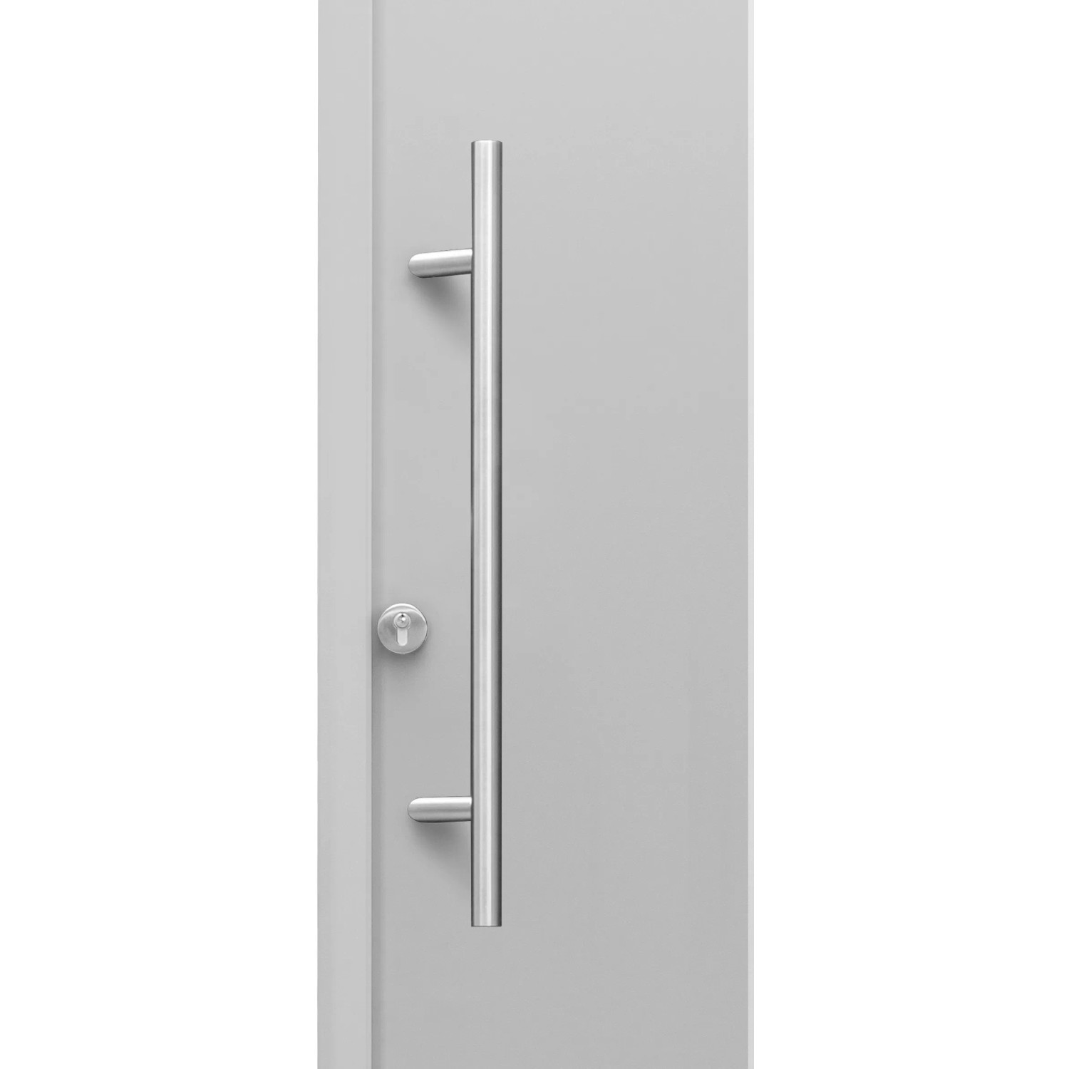 Graue ThermoSpace Prime Palermo Haustür (100x210 cm) mit Edelstahlgriff und Schloss.