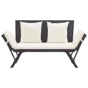 Schwarze VidaXL Gartenbank aus Rattan mit cremefarbenen Kissen, verstellbare Armlehnen.