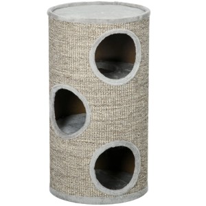 PawHut Kratzturm 70 cm mit Sisal-Kratzfläche, drei Höhlen und weichem Plüsch für Katzen, grau-beige.