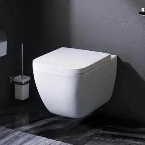 AM.PM WC-Set mit Wand-WC, Vorwandelement und Drückerplatte. Rechteckige, spülrandlose Toilette in Weiß.