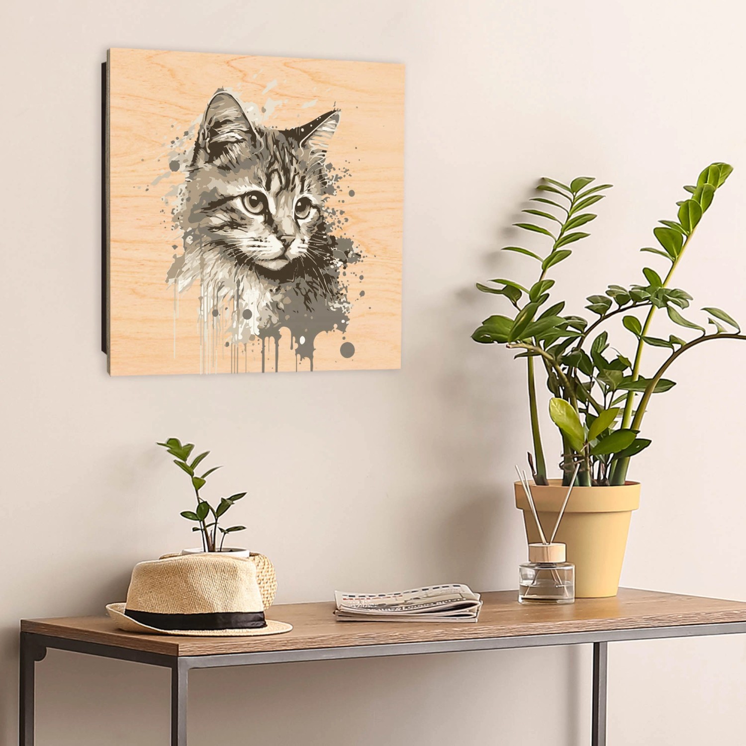 Banjado Schlüsselkasten Holz 30x30cm mit Katzenportrait in Aquarell. Schlüsselbox für 50 Schlüssel.