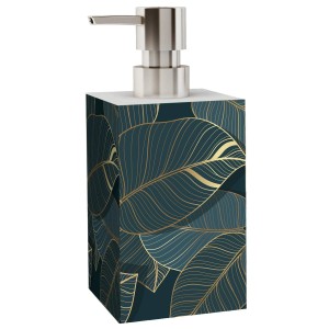 SANILO Seifenspender Monstera mit dunkelgrünem Blätterdesign und silberner Pumpe.