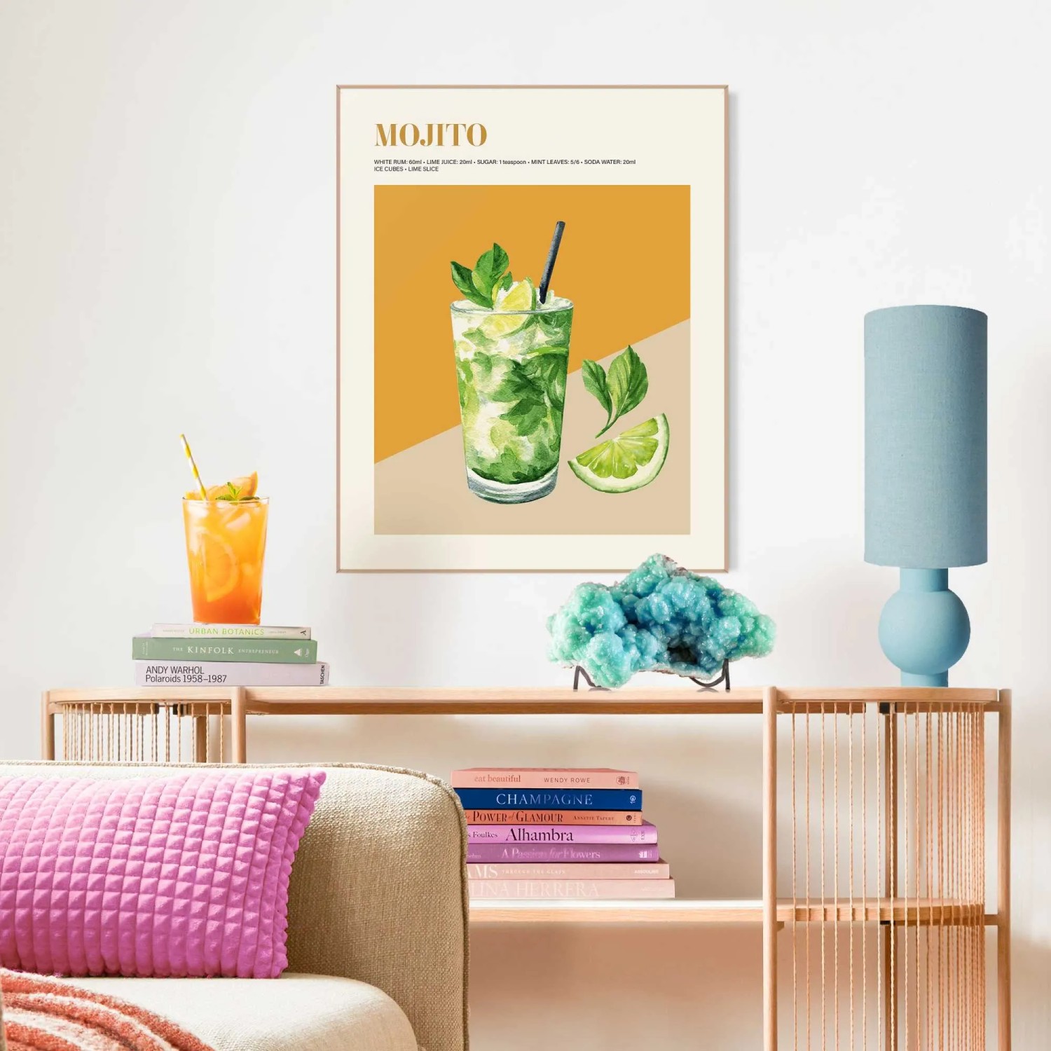 Gerahmtes Bild: Grüner Mojito Cocktail für die Küche, 50x40 cm. Wanddeko für Feinschmecker.