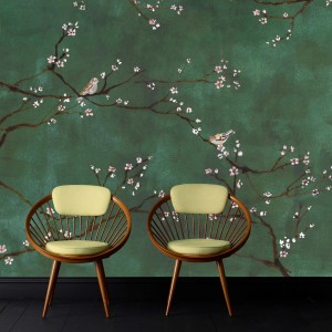 Art for the Home Fototapete Joy grün mit Kirschblüten und Vögeln, 280x300 cm.