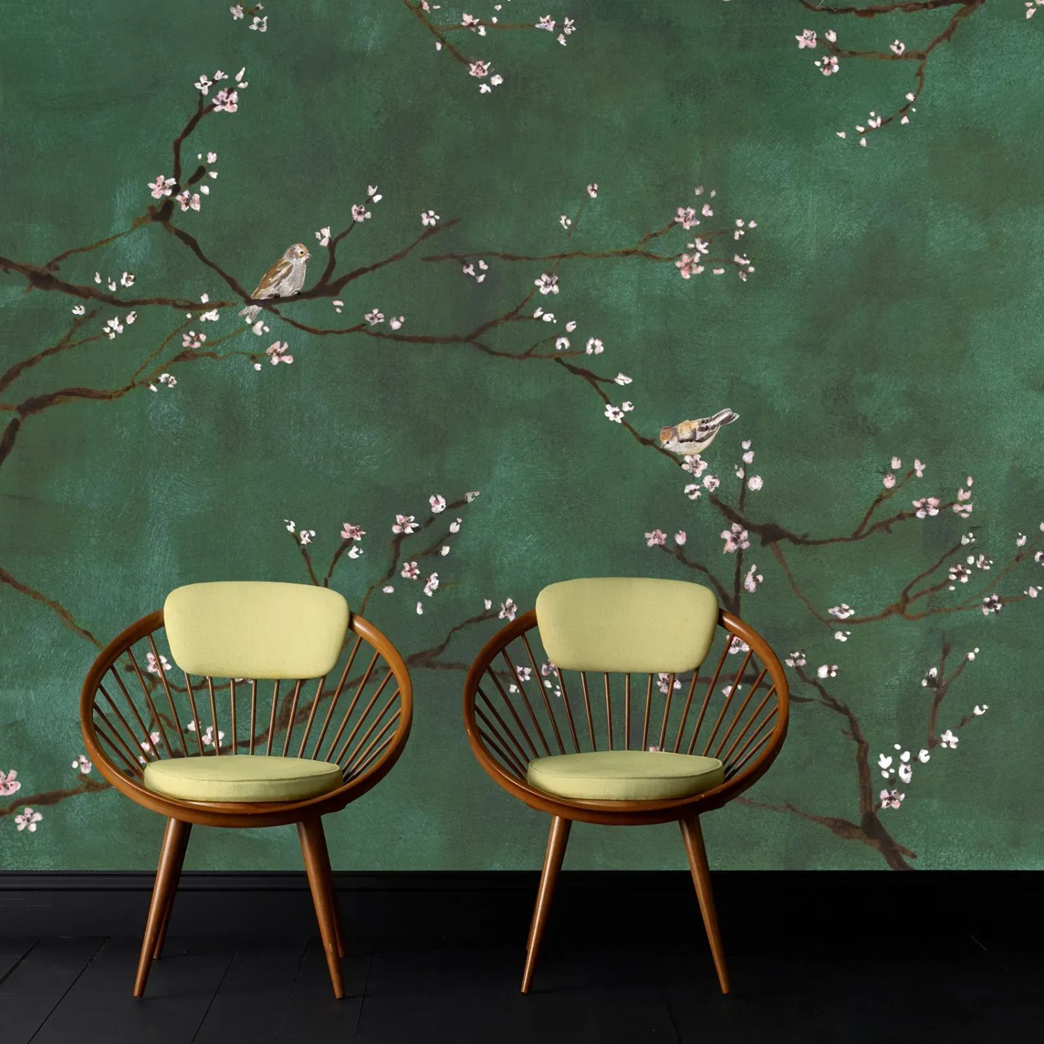 Art for the Home Fototapete Joy grün mit Kirschblüten und Vögeln, 280x300 cm.