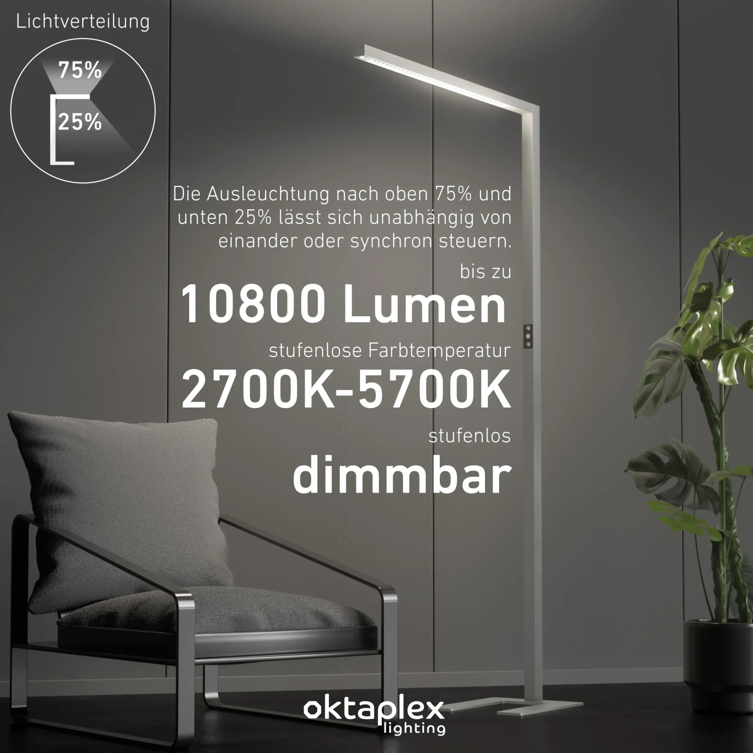 Silberne Oktaplex Alva LED Stehlampe mit Sensor, dimmbar, 80W, für Bürobeleuchtung.