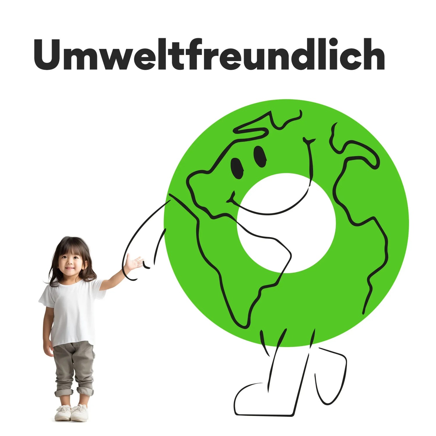 Umweltfreundliches Bild: Mädchen neben stilisierter, grüner Erdkugel mit Gesicht.