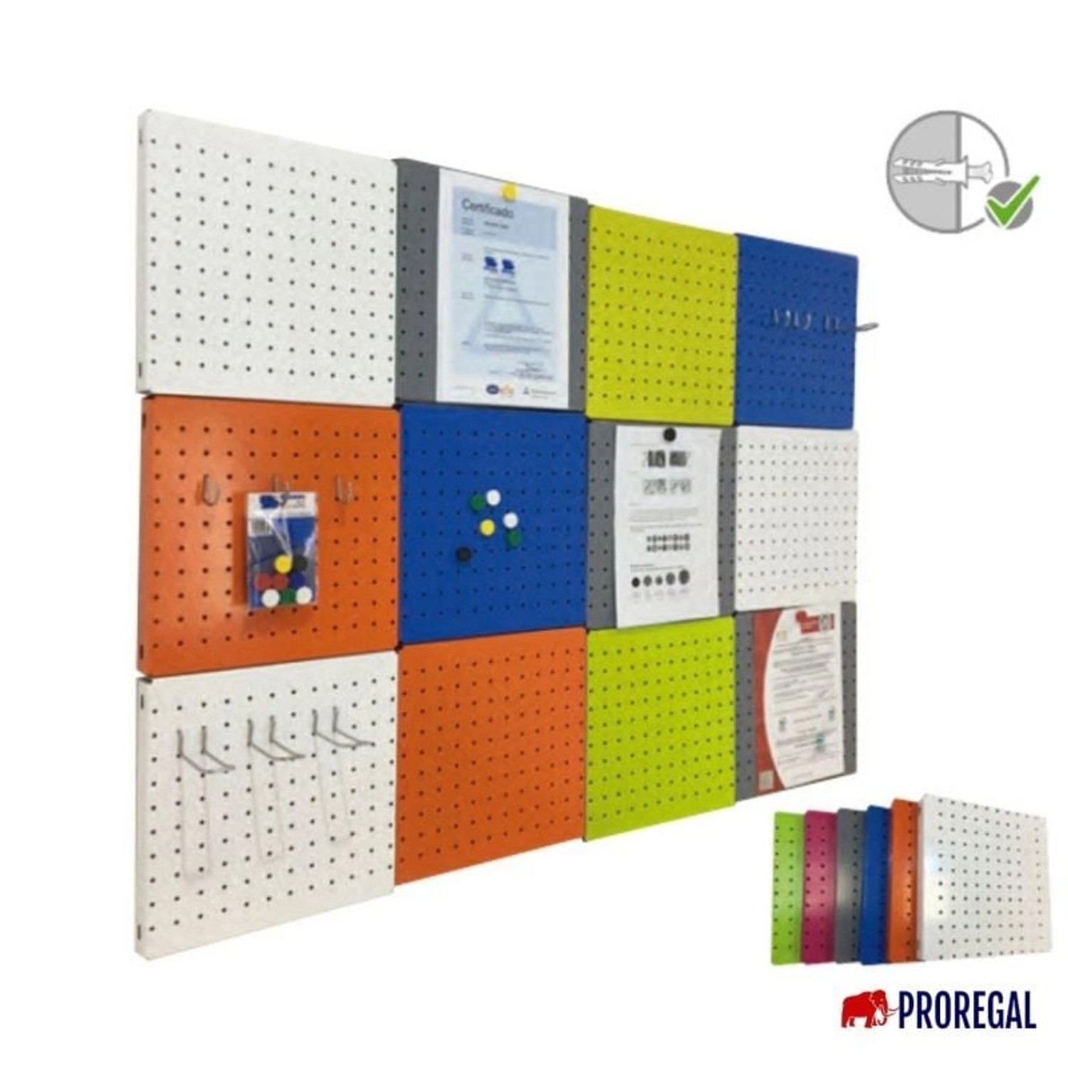 PROREGAL Lochwand-System: Mehrfarbige, gelochte Memoboards aus Stahl, 2er-Set mit Zubehör.