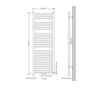 Technische Zeichnung: Anthrazit Badheizkörper 50x150 cm mit Thermostat und Eckanschluss, Maße.