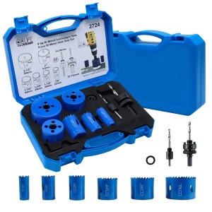Blaues CCLIFE 9tlg Bi-Metall Lochsägen Set mit verschiedenen Größen und Zubehör in Kunststoffkoffer.