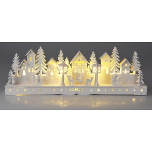 Beleuchtetes weißes Holzhaus-Dorf aus Pappelholz mit Bäumen, Figuren und warmweißen LEDs. Ideal für Weihnachtsdekoration.