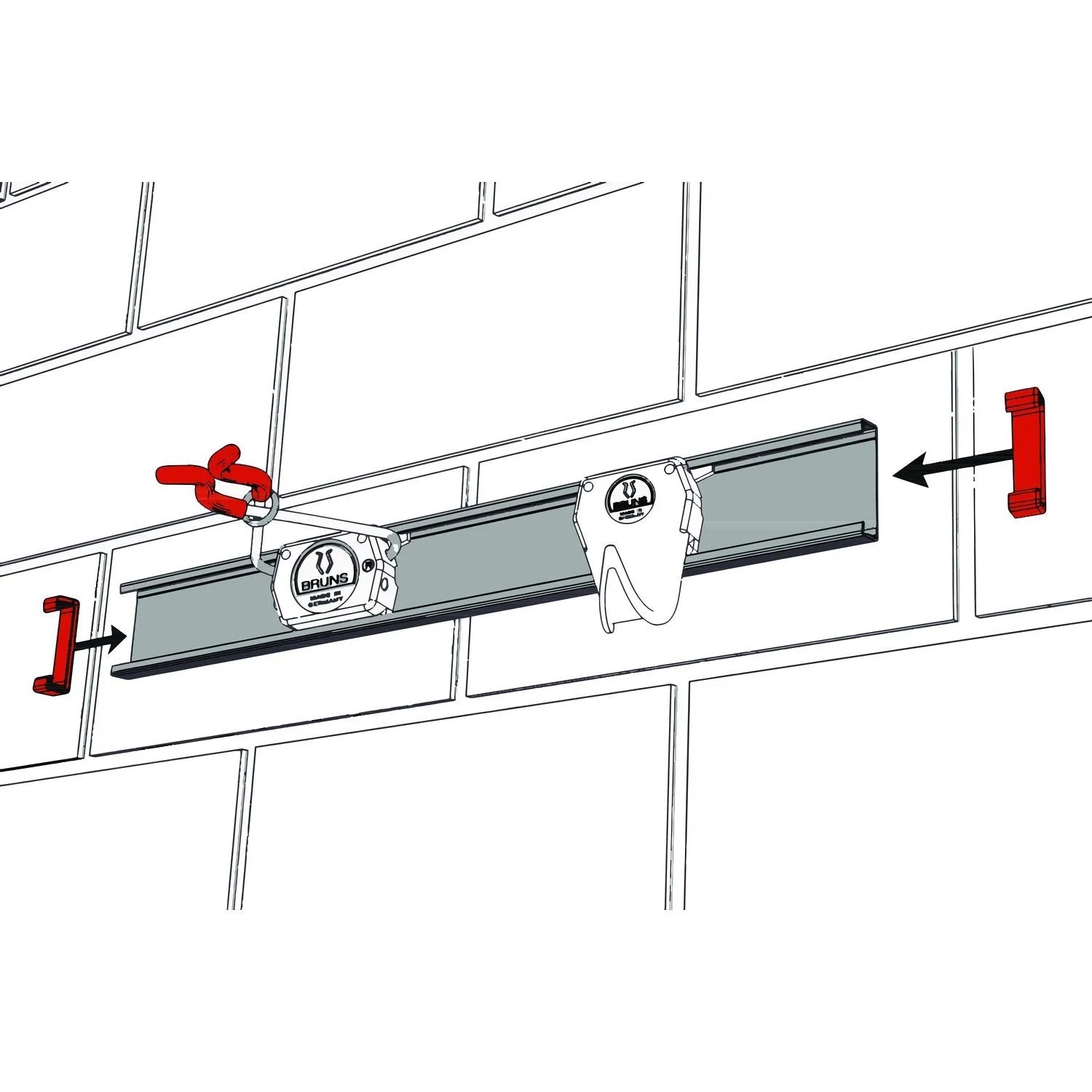 Bruns Gerätehalter Set: Aluminium-Schiene mit schwarzen Haltern, roten Endkappen und Haken zur Wandmontage.