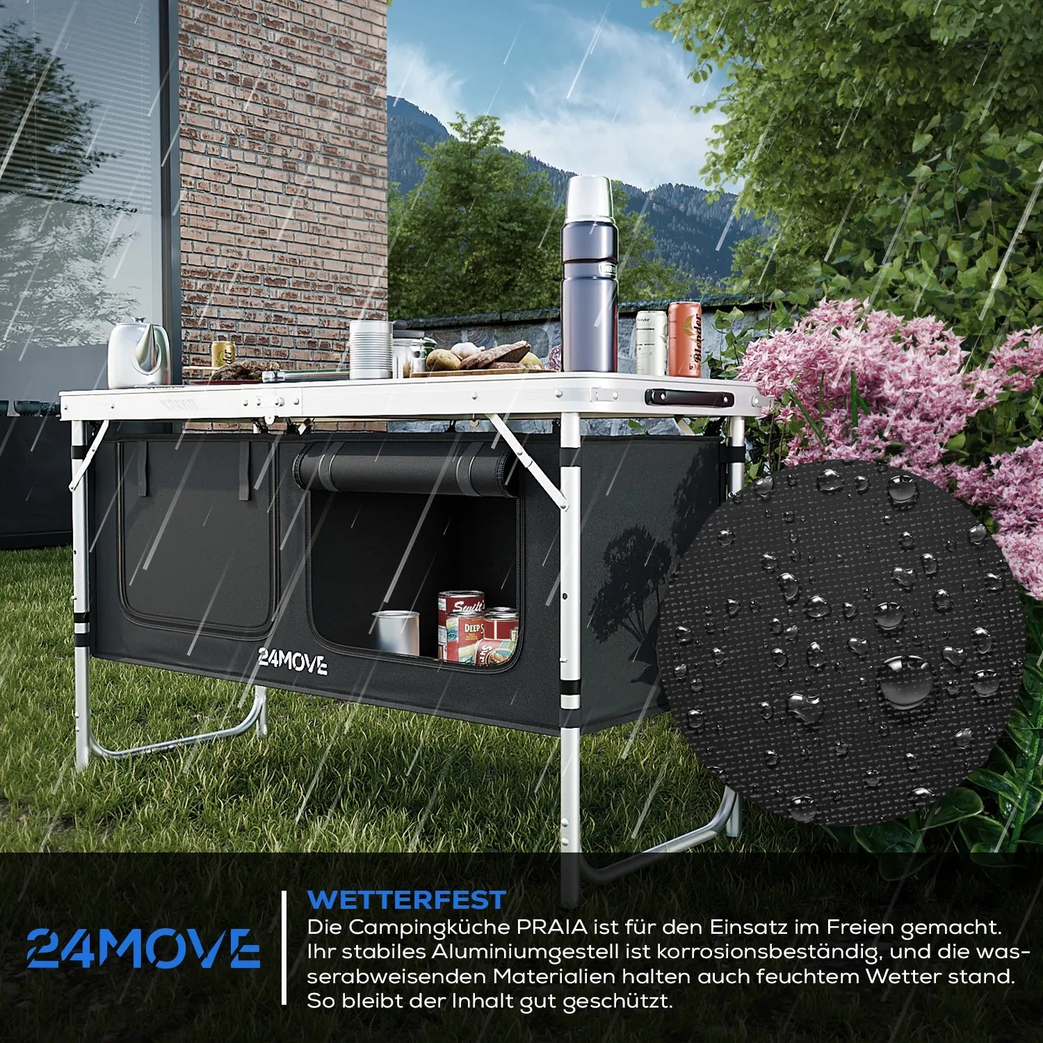 Faltbare 24MOVE Campingküche Praia mit Alu-Arbeitsplatte und Tragetasche im Einsatz.
