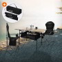 Hauki Campingmöbel Set, 3-teilig: Klapptisch beige mit 2 schwarzen Campingstühlen und Tragetaschen.