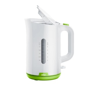Weiß-grüner Braun Wasserkocher Breakfast 1 WK 1100 GR mit offenem Deckel und 1.7L Füllstandsanzeige.