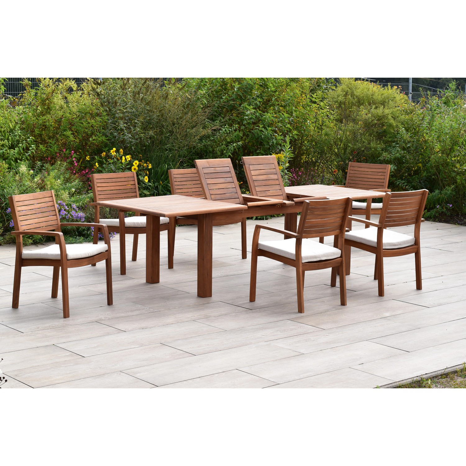 Merxx Batavia Set 13-tlg 6 Stapelsessel 6 Auflagen Doppel-Gartentisch Auszi günstig online kaufen