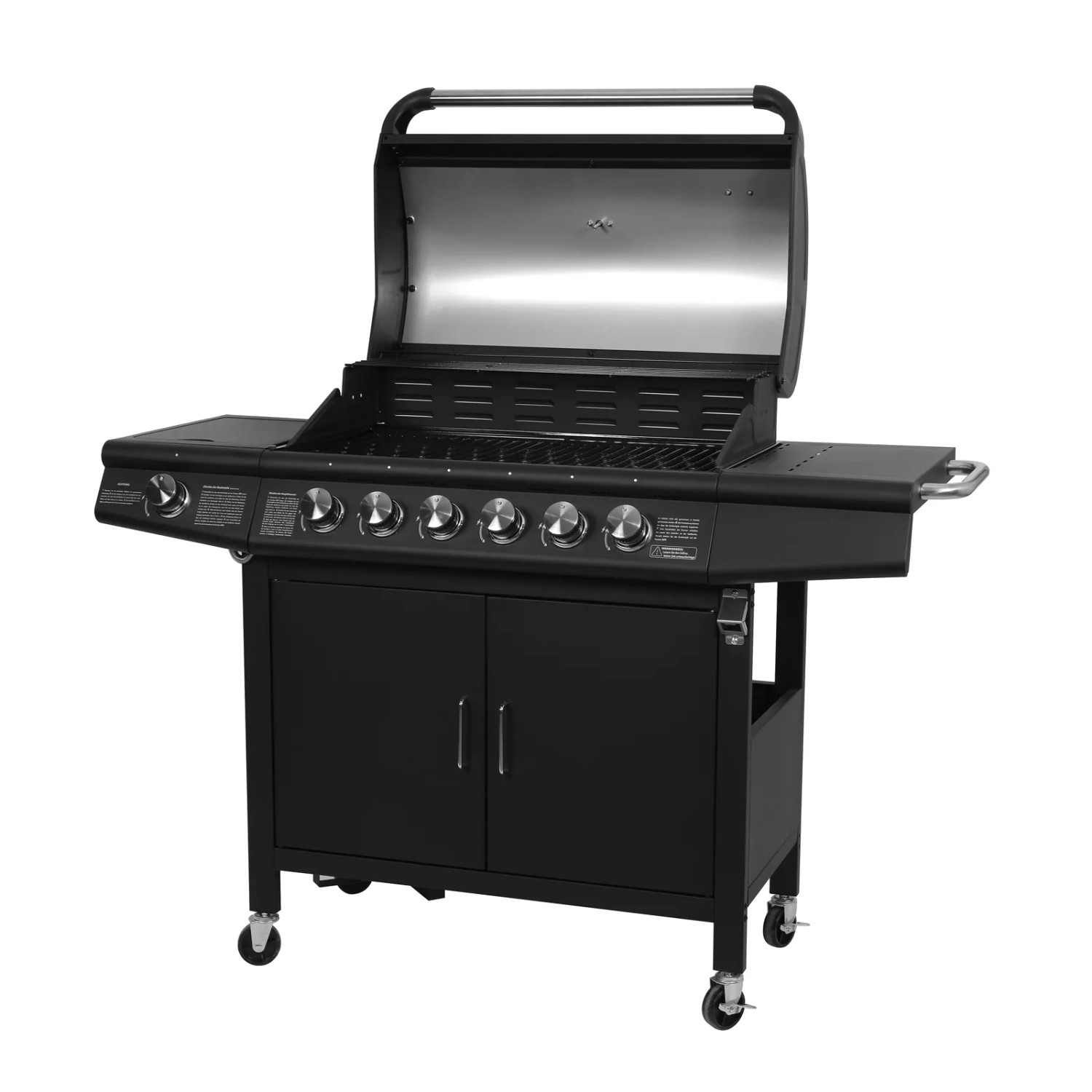 Schwarzer Taino Red 6+1 Gasgrill mit Edelstahlbrennern und Grillwagen.