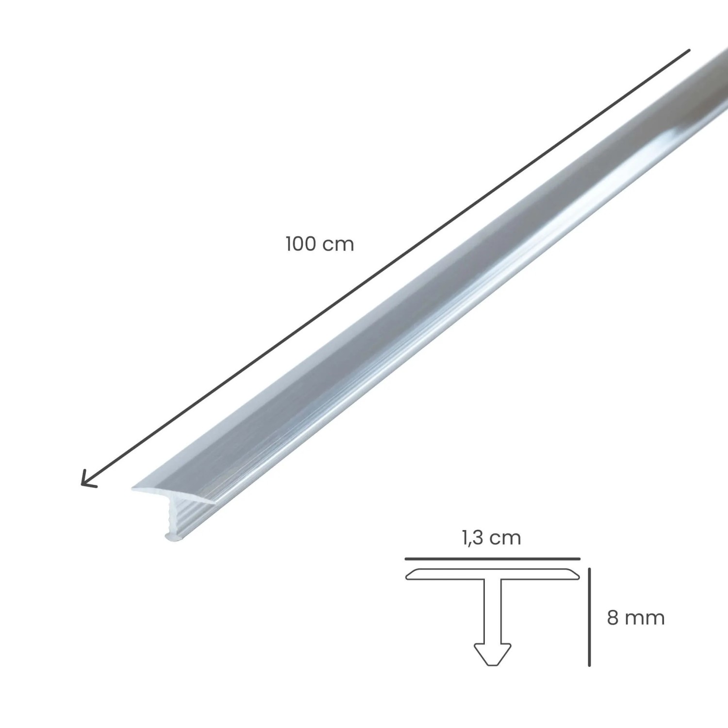 Dalsys T-Profil Übergangsschiene aus silbernem Aluminium, 100cm lang, 13mm breit, für Laminat & Parkett.