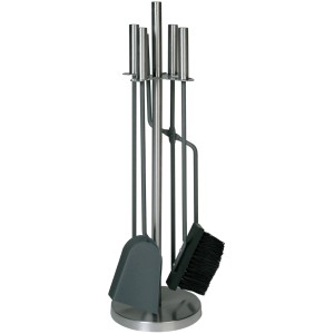 4-teiliges Kaminbesteck aus Edelstahl in Anthrazit mit Ständer, Schaufel, Besen und Zange.