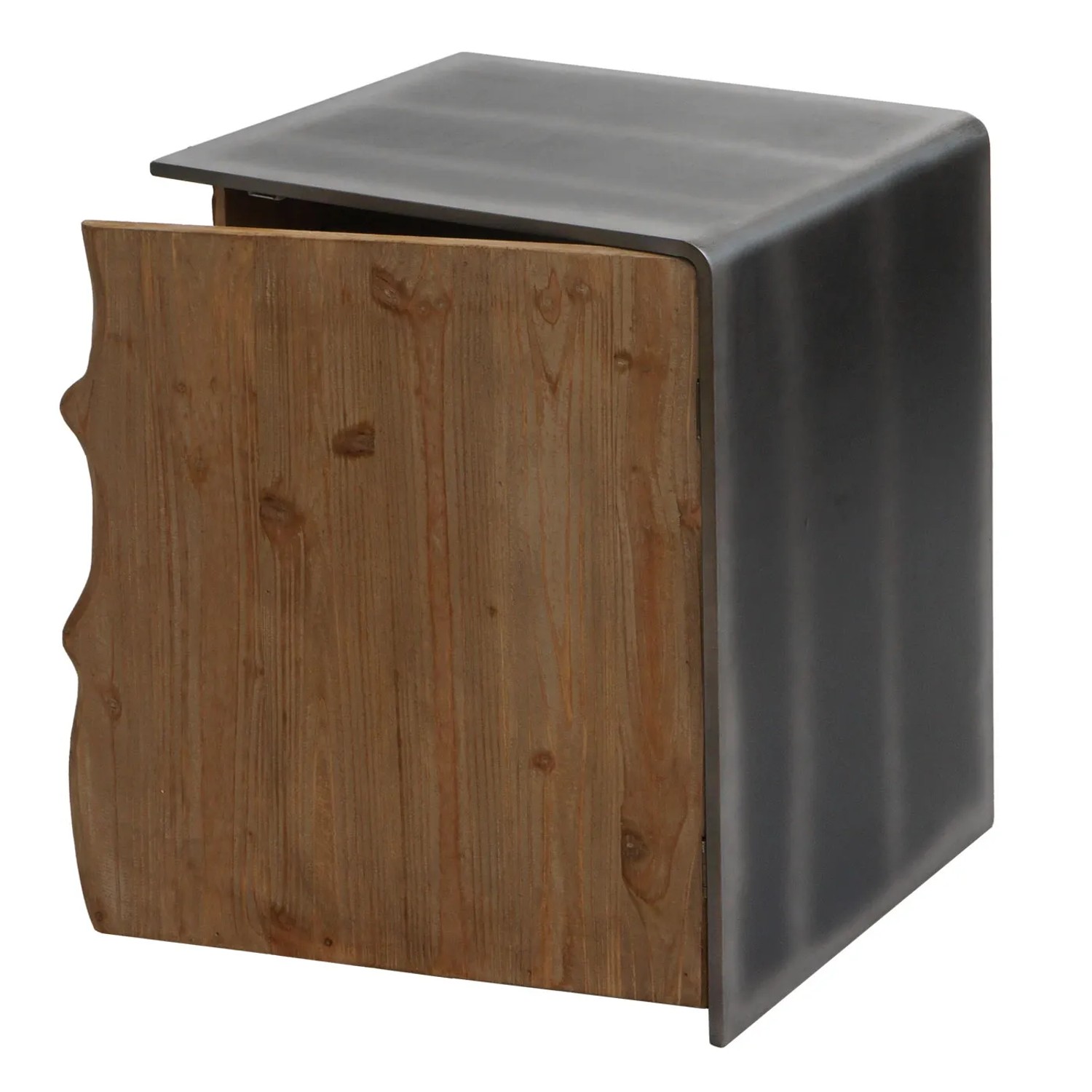 MCW Beistelltisch L76: Kleiner Tisch mit Tür aus Tannenholz und Metall-Optik.
