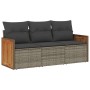 Graue 3-tlg. vidaXL Garten-Sofagarnitur aus Rattan mit dunklen Kissen.