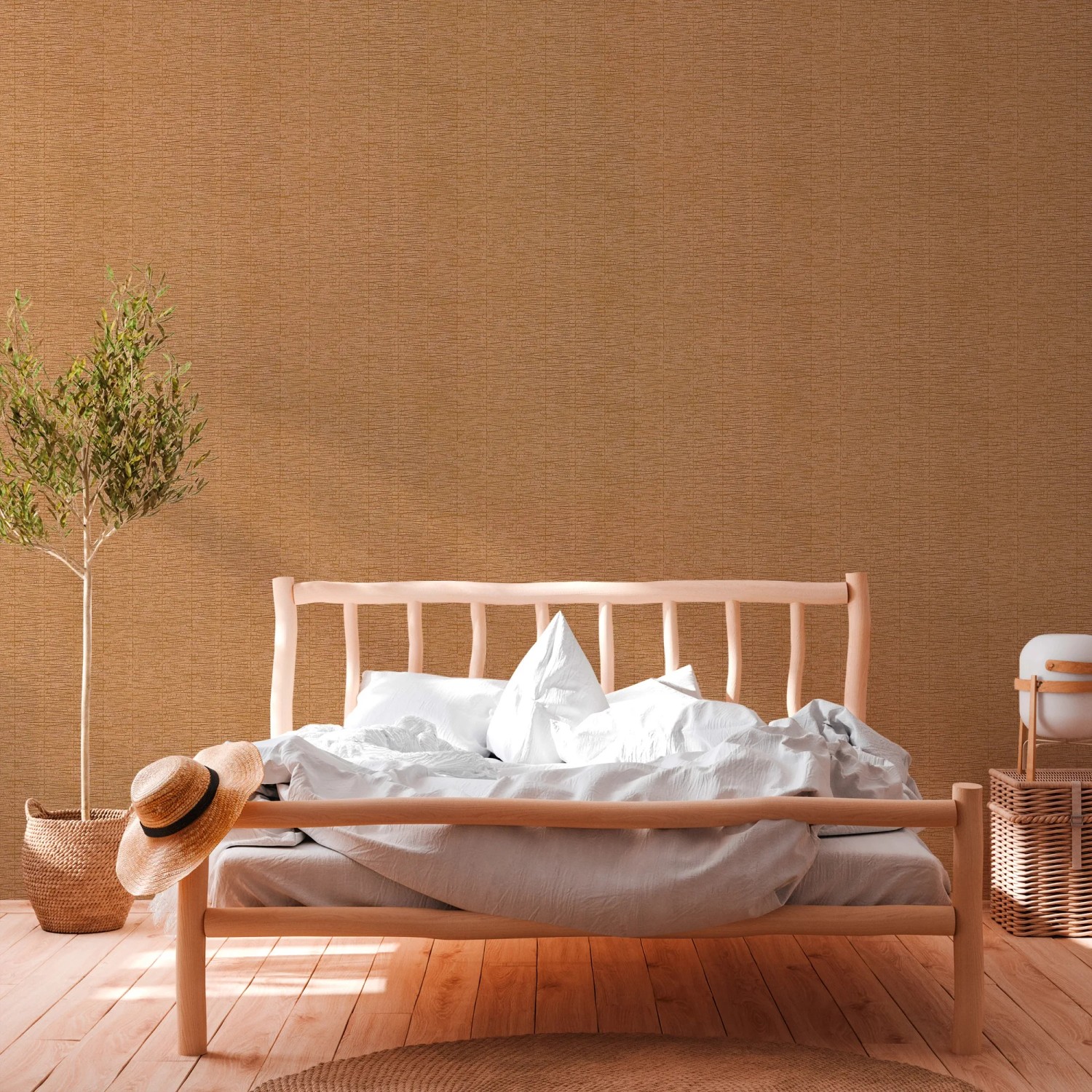 Orange Vliestapete mit organischem Muster, glänzend und strukturiert im Schlafzimmer.