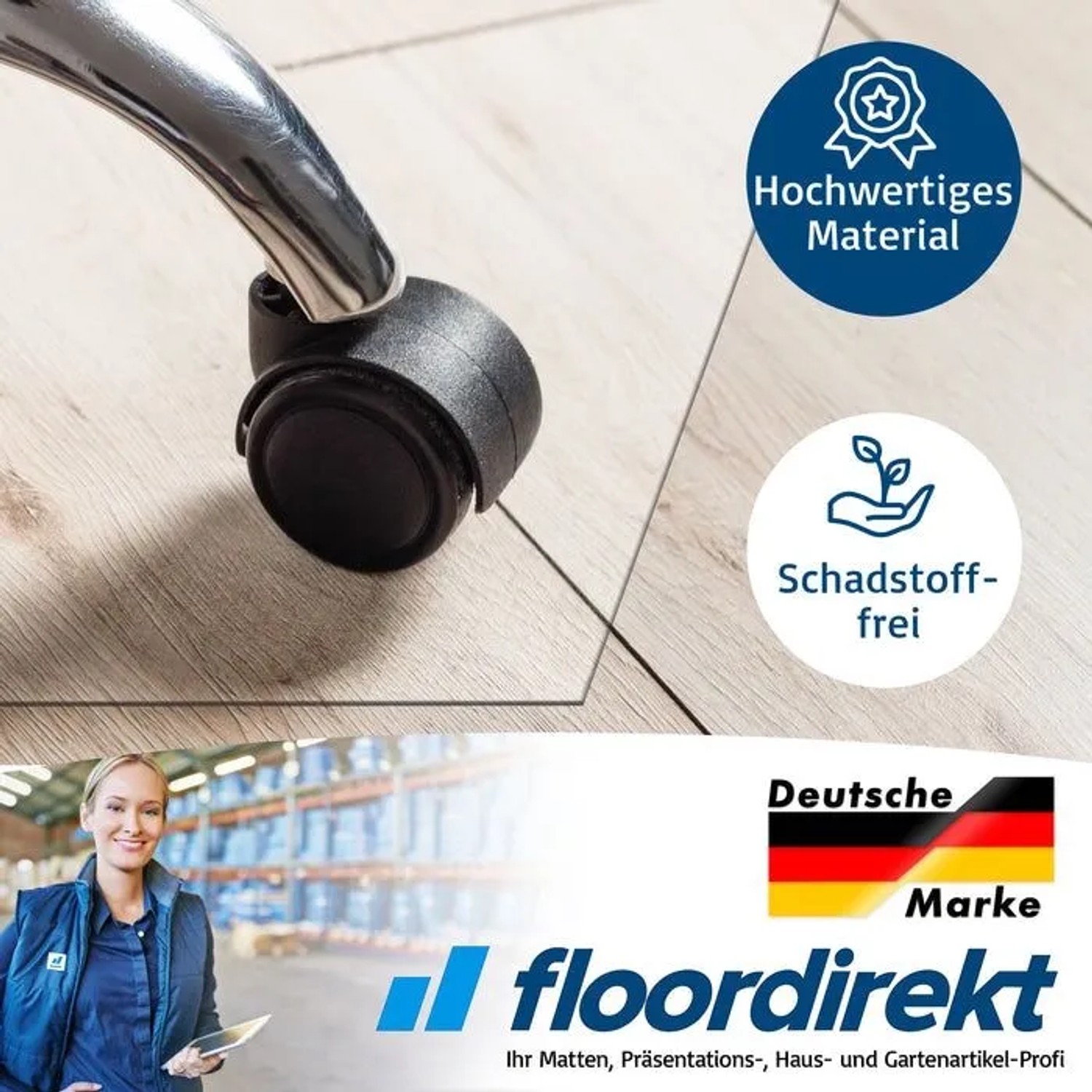 Transparente Floordirekt Bodenschutzmatte aus PVC unter Bürostuhl auf Hartboden.