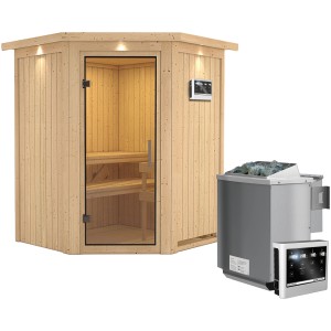 Karibu Sauna Lyra mit Bio-Ofen, externer Steuerung, Glastür und LED-Dachkranz.