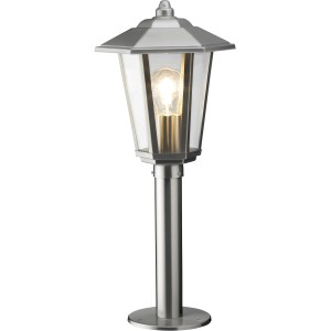 Außensockelleuchte Magione aus Edelstahl, 45 cm hoch, mit klaren Glasscheiben.