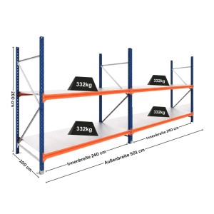 PROREGAL DOMINUS Weitspannregal, 2 Felder, 2 Ebenen, blau/orange, 200x480x100cm, 332kg Fachlast pro Stahlplatten-Fachboden.