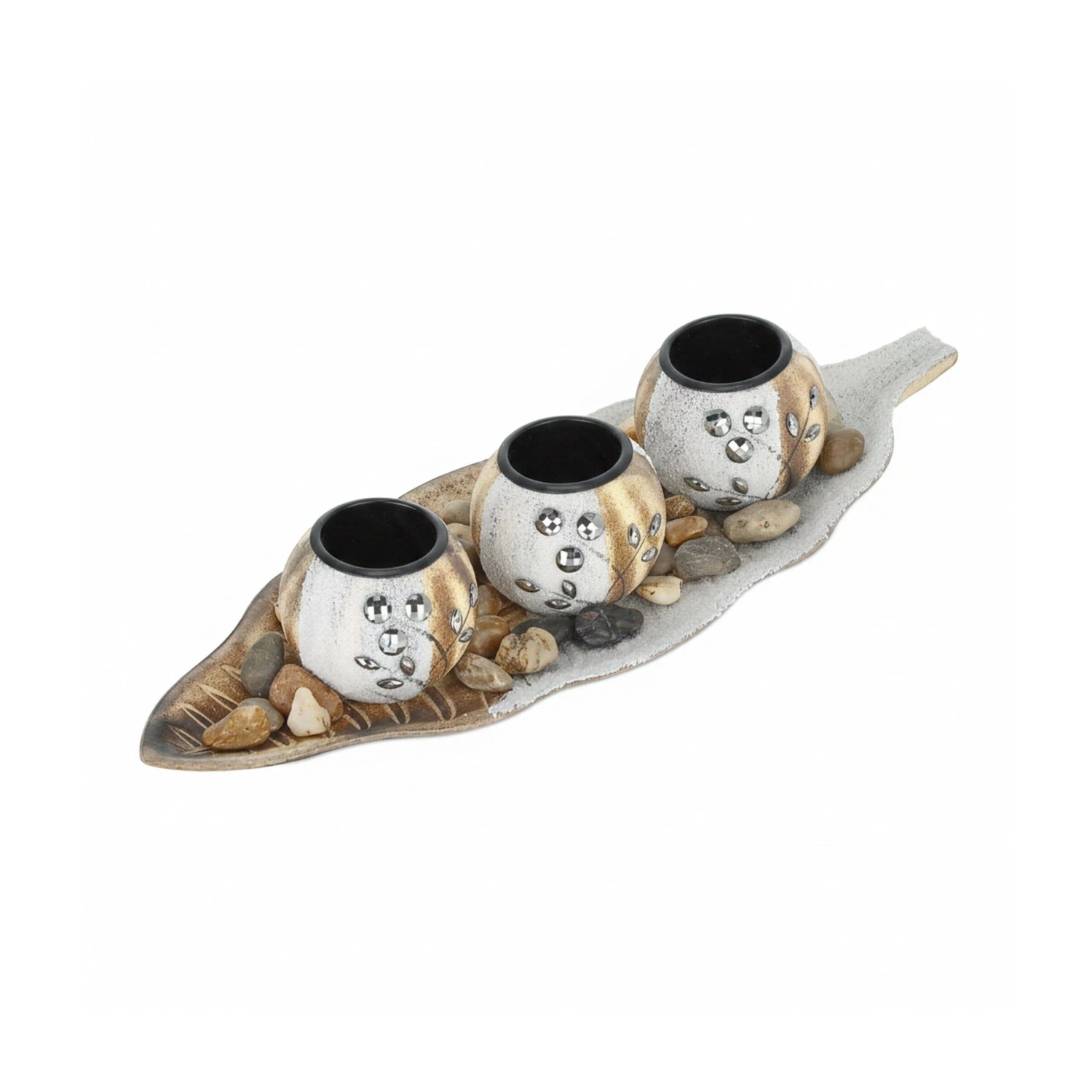 Relaxdays Teelichthalterset MDF Stein Braun Weiß Mit Tablett 38 cm x 14 cm x 7 cm