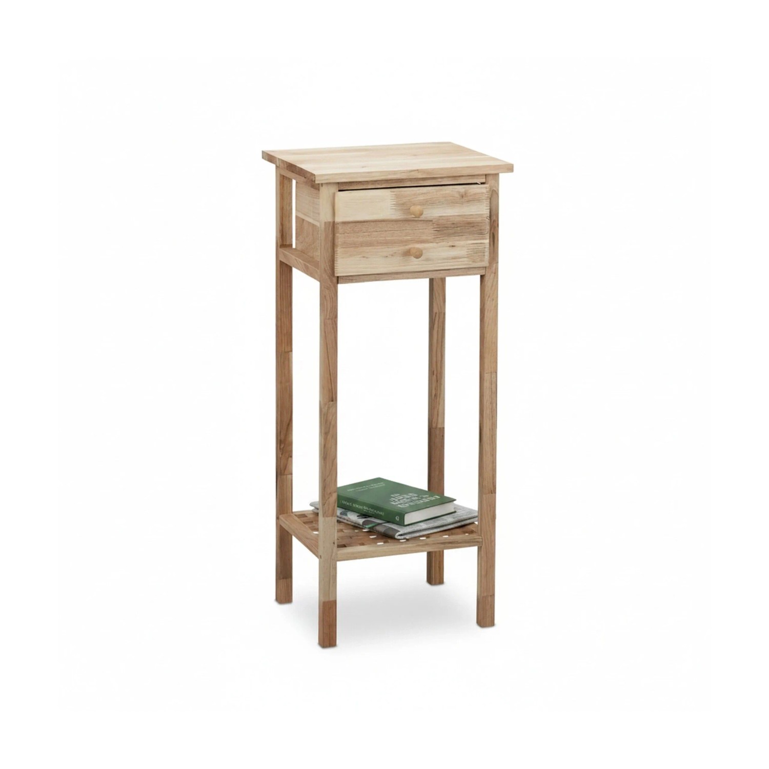 Relaxdays Beistelltisch Walnussholz Natur mit Schublade mit 2 Ablagen 80 cm x 35 cm x 30 cm 3,8 kg