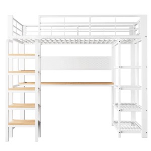 Weißes Metall-Hochbett 90x200cm mit Holz-Schreibtisch, Regalen und Lochplatte. Funktionales Bett für Jugendzimmer.