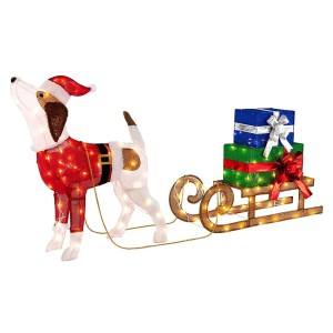 Beleuchteter LED Hund mit Schlitten und Geschenkboxen als festliche Weihnachtsdeko.