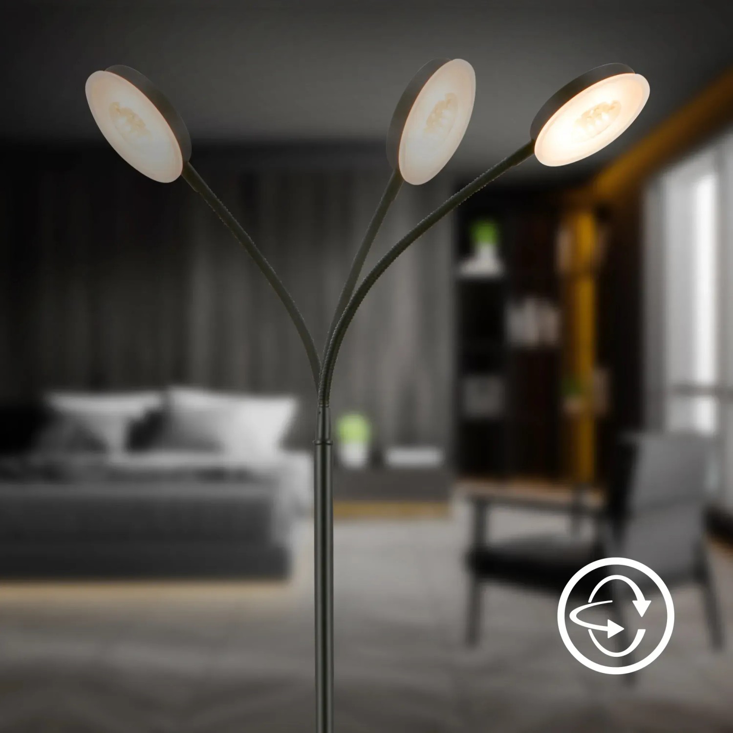 Schwenkbare, dimmbare Brilo LED-Stehleuchte Megg in Schwarz, 150 cm hoch.